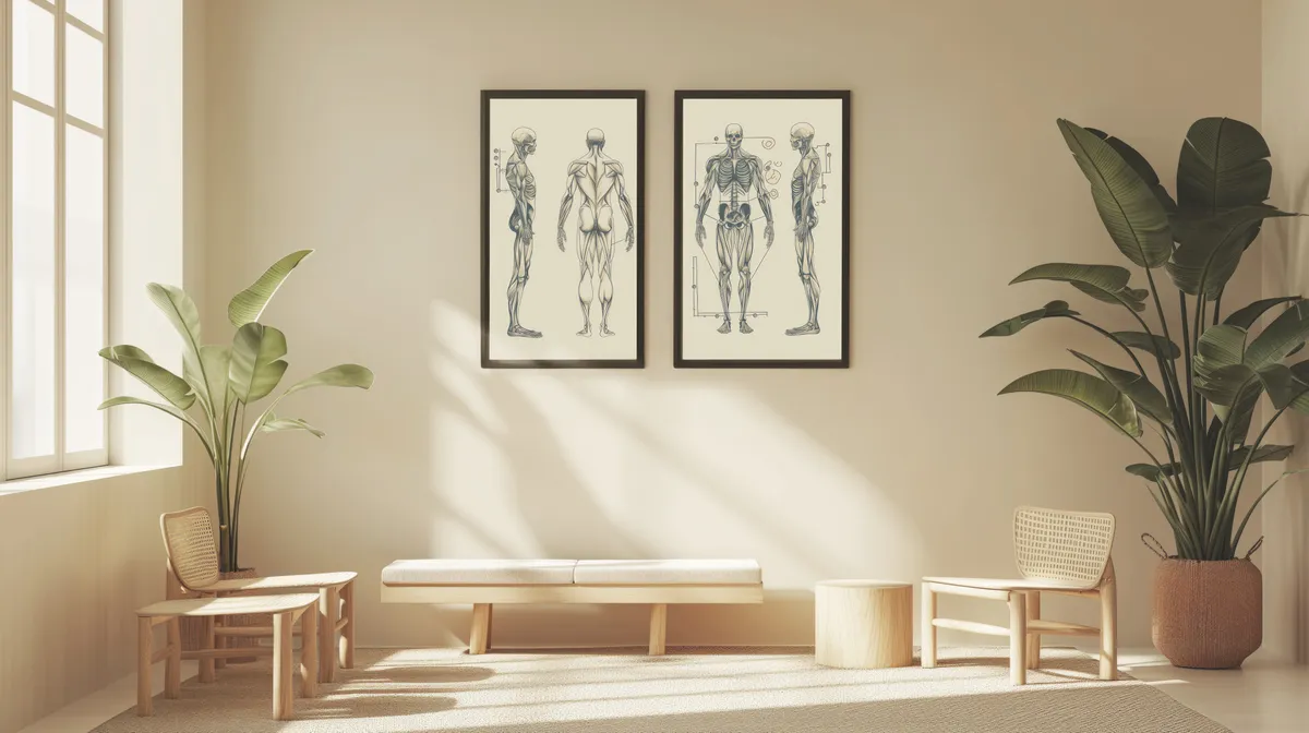 Calm clinic waiting room with a bench, two chairs, plants and anatomy prints on the wall